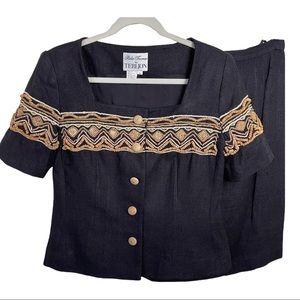 Rickie Freeman for Teri Jon Suit Black Short Sleeve Button Front Top & Skirt sz8